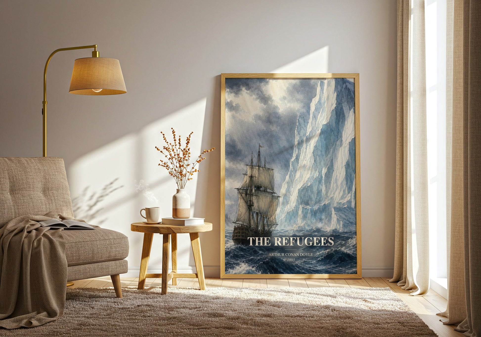 The Refugees watercolour print in frame leaning in hallway – historical fiction wall art