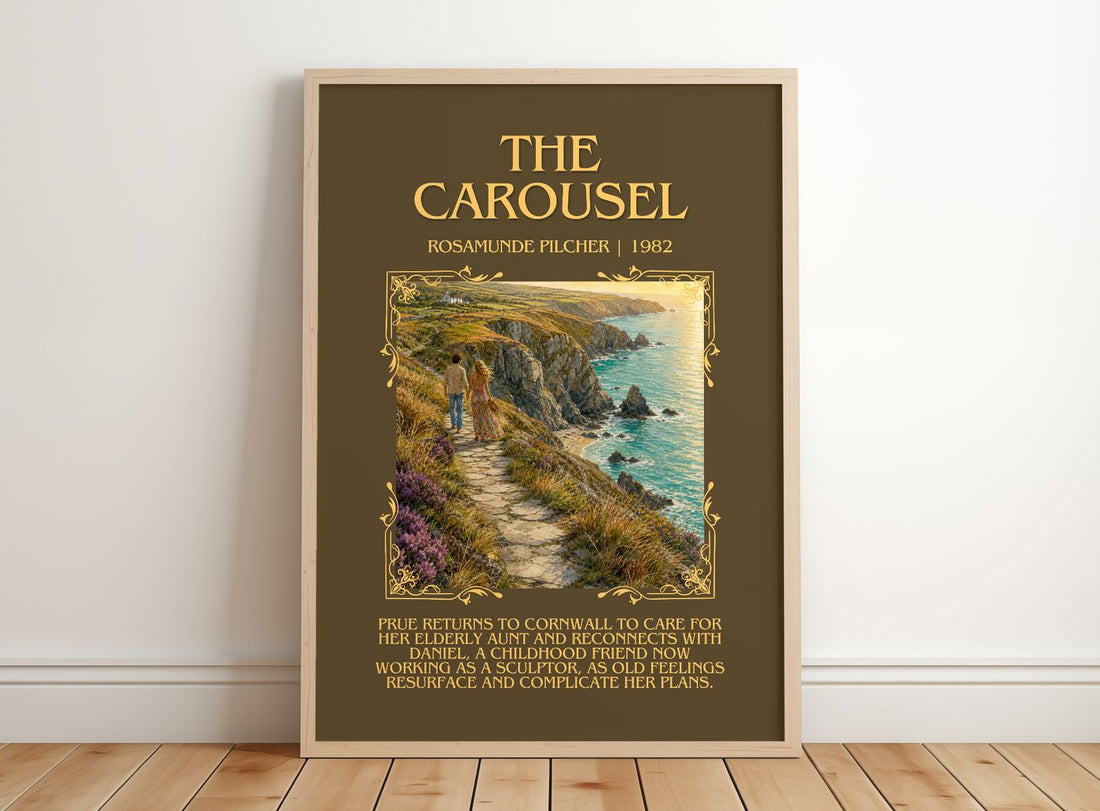 The Carousel Minimalist Book Poster by Rosamunde Pilcher – framed print leaning on a wooden floor