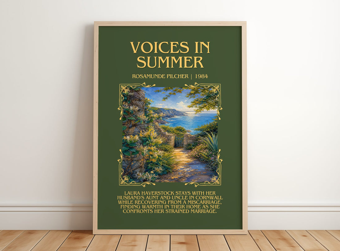 Voices in Summer Minimalist Book Poster by Rosamunde Pilcher – framed print leaning on a wooden floor