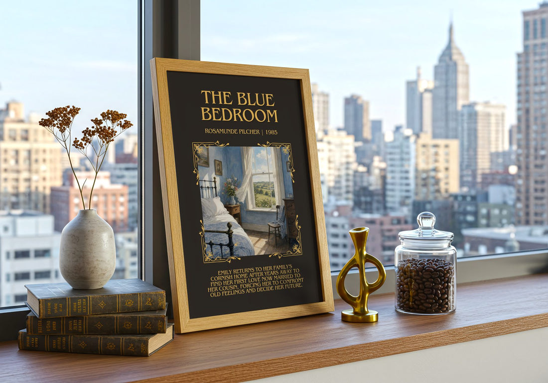 The Blue Bedroom Minimalist Book Poster by Rosamunde Pilcher – framed print on a city-view windowsill