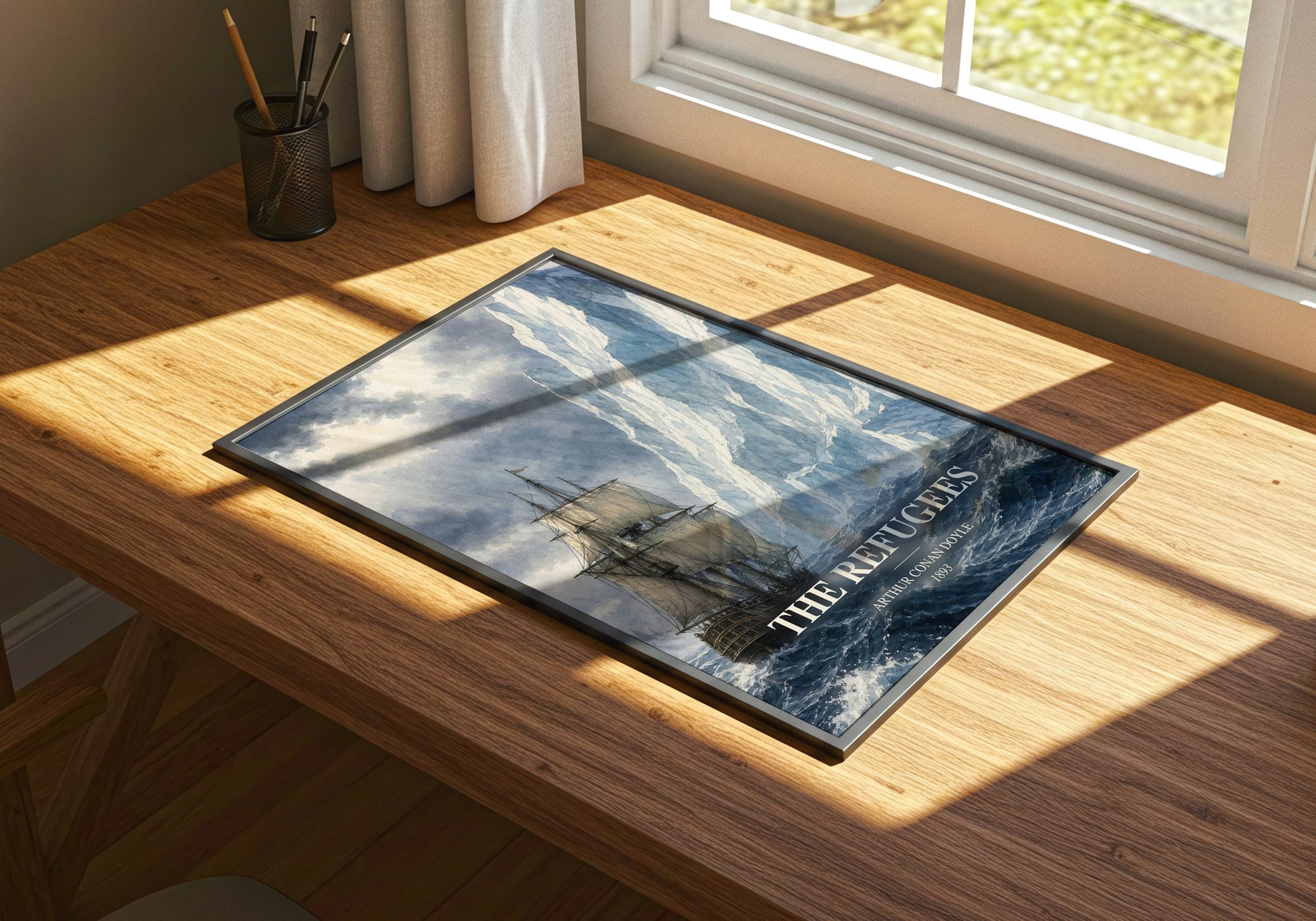 The Refugees watercolour book poster framed on wall – historical fiction wall art
