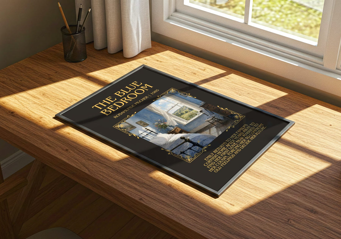 The Blue Bedroom Minimalist Book Poster by Rosamunde Pilcher – print on a sunlit desk