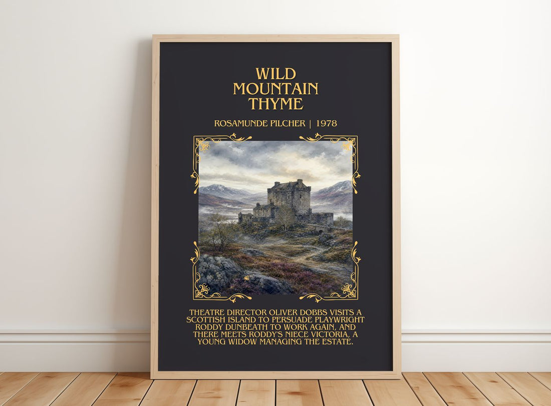 Wild Mountain Thyme Minimalist Book Poster by Rosamunde Pilcher – framed print leaning on a wooden floor