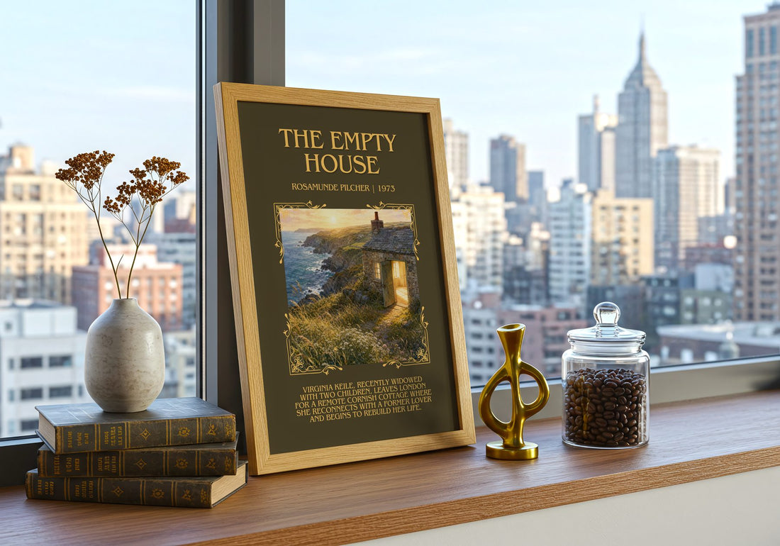 The Empty House Minimalist Book Poster by Rosamunde Pilcher – framed print on a city-view windowsill