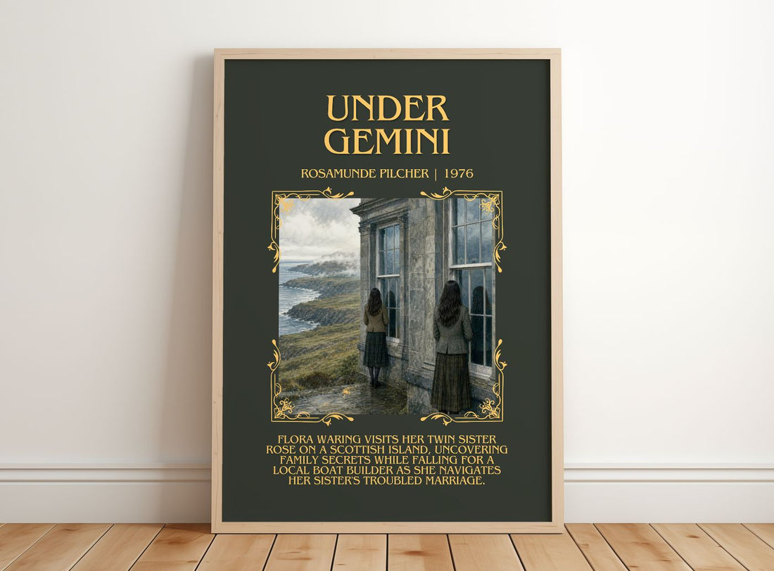 Under Gemini Minimalist Book Poster by Rosamunde Pilcher – framed print leaning on a wooden floor