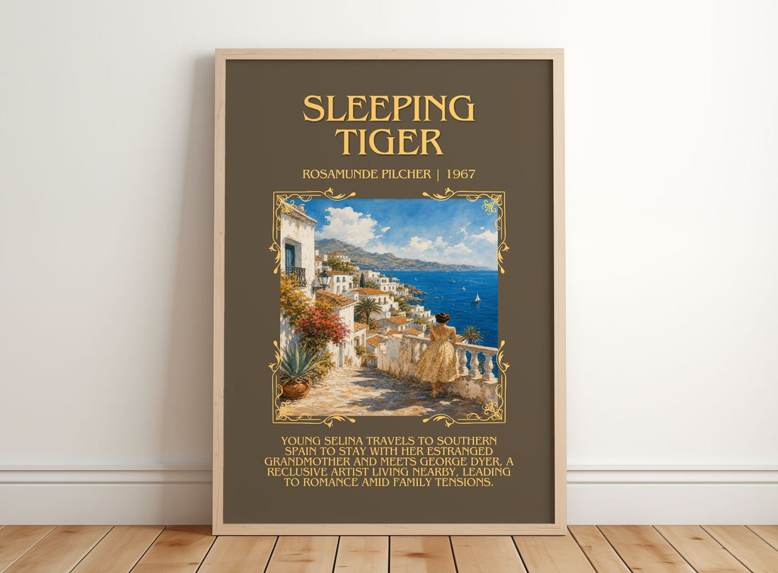 Sleeping Tiger Minimalist Book Poster by Rosamunde Pilcher – framed print leaning on a wooden floor