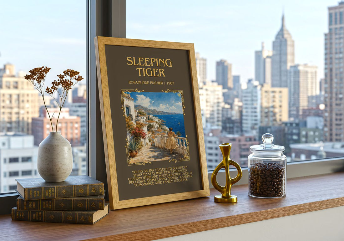 Sleeping Tiger Minimalist Book Poster by Rosamunde Pilcher – framed print on a city-view windowsill