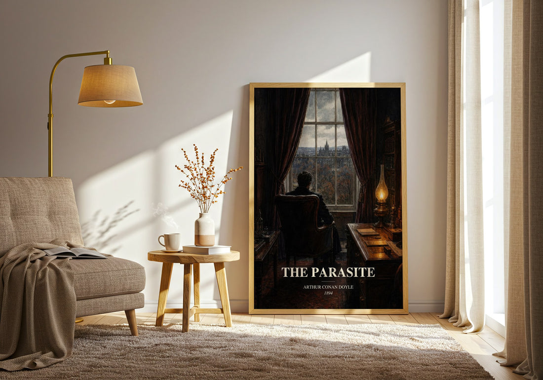 The Parasite watercolour print in frame leaning in hallway – gothic wall art (mockup)