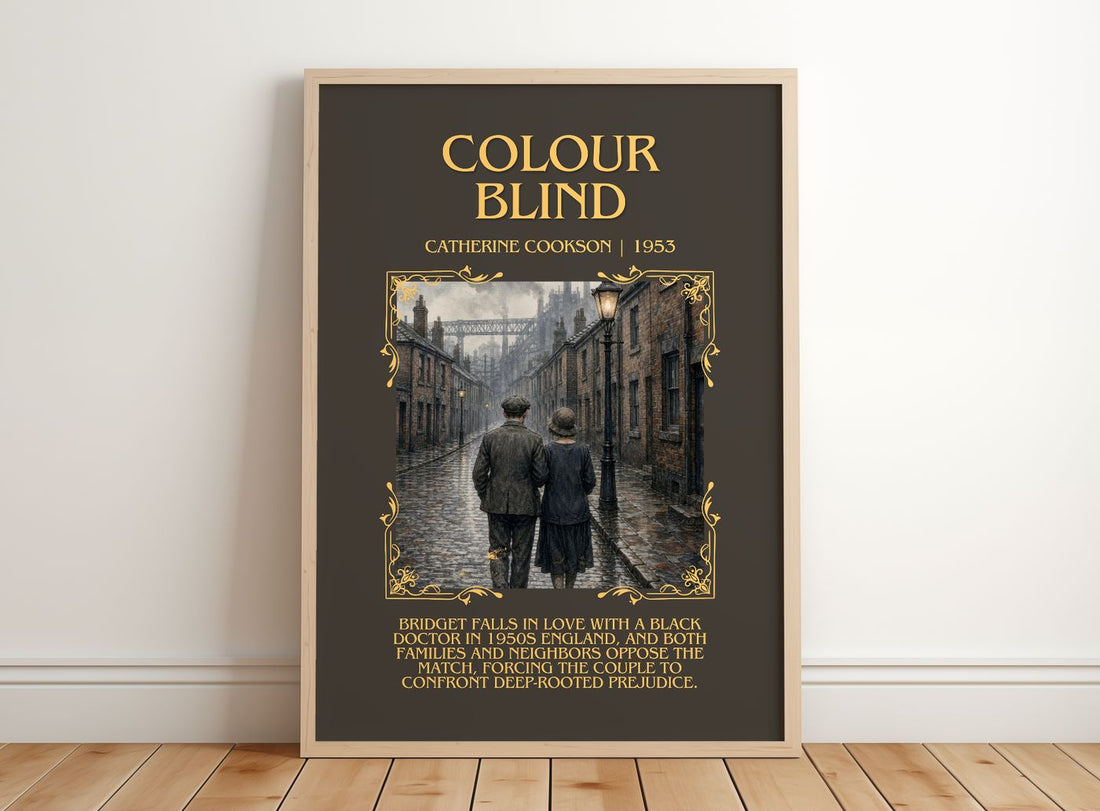 Colour Blind Minimalist Book Poster by Catherine Cookson – framed print leaning on a wooden floor