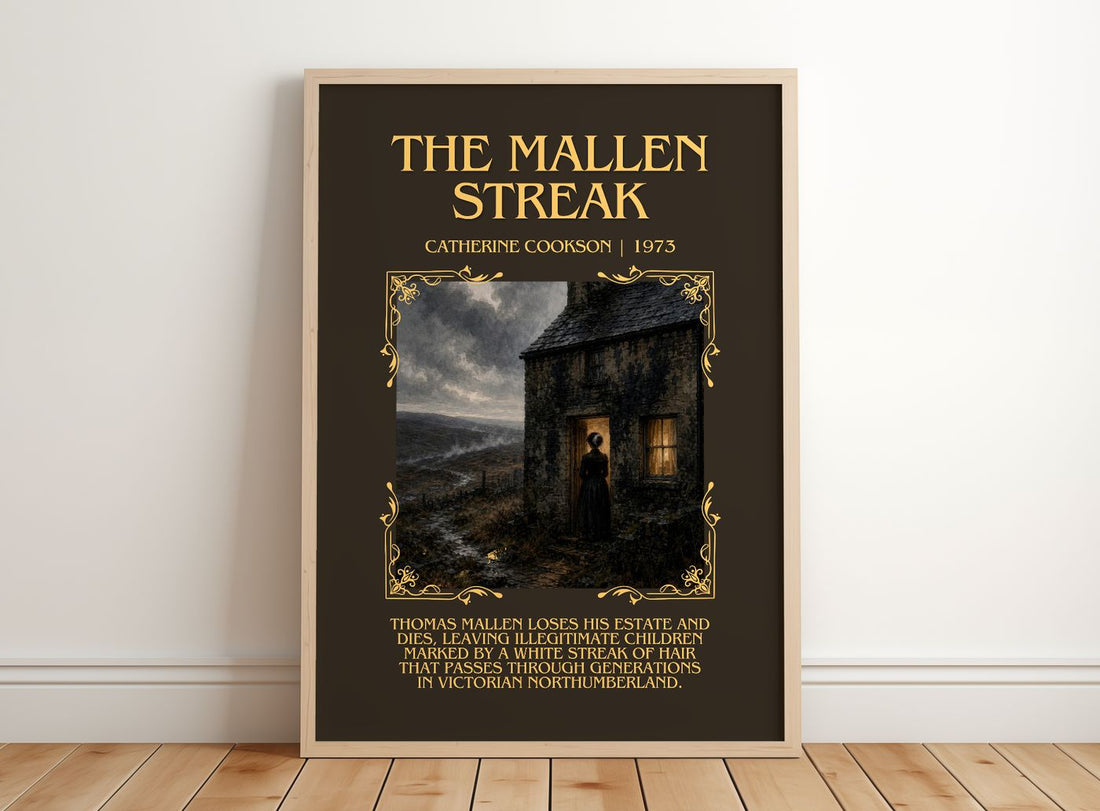 The Mallen Streak Minimalist Book Poster by Catherine Cookson – framed print leaning on a wooden floor