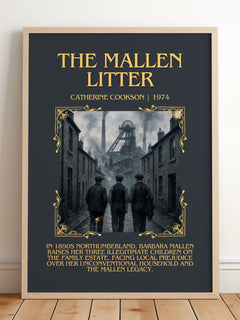 The Mallen Litter Minimalist Book Poster by Catherine Cookson – framed print leaning on a wooden floor