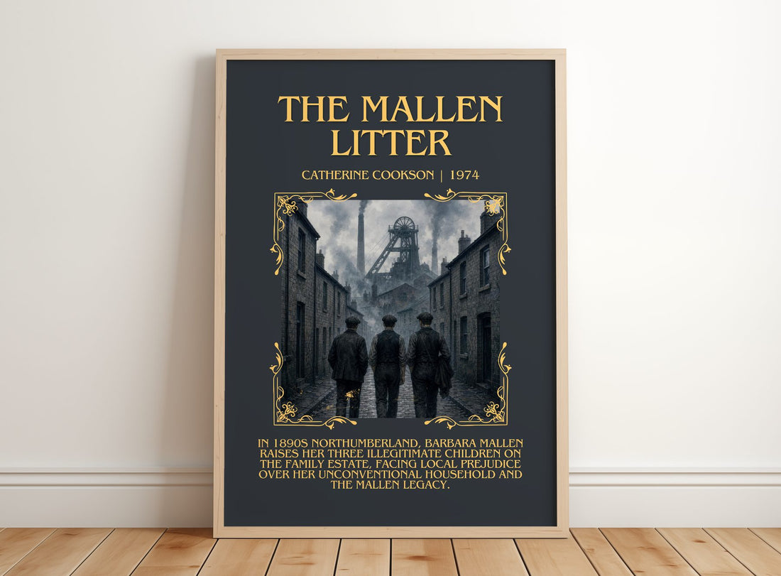 The Mallen Litter Minimalist Book Poster by Catherine Cookson – framed print leaning on a wooden floor