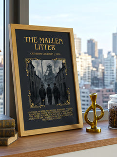 The Mallen Litter Minimalist Book Poster by Catherine Cookson – framed print on a city-view windowsill