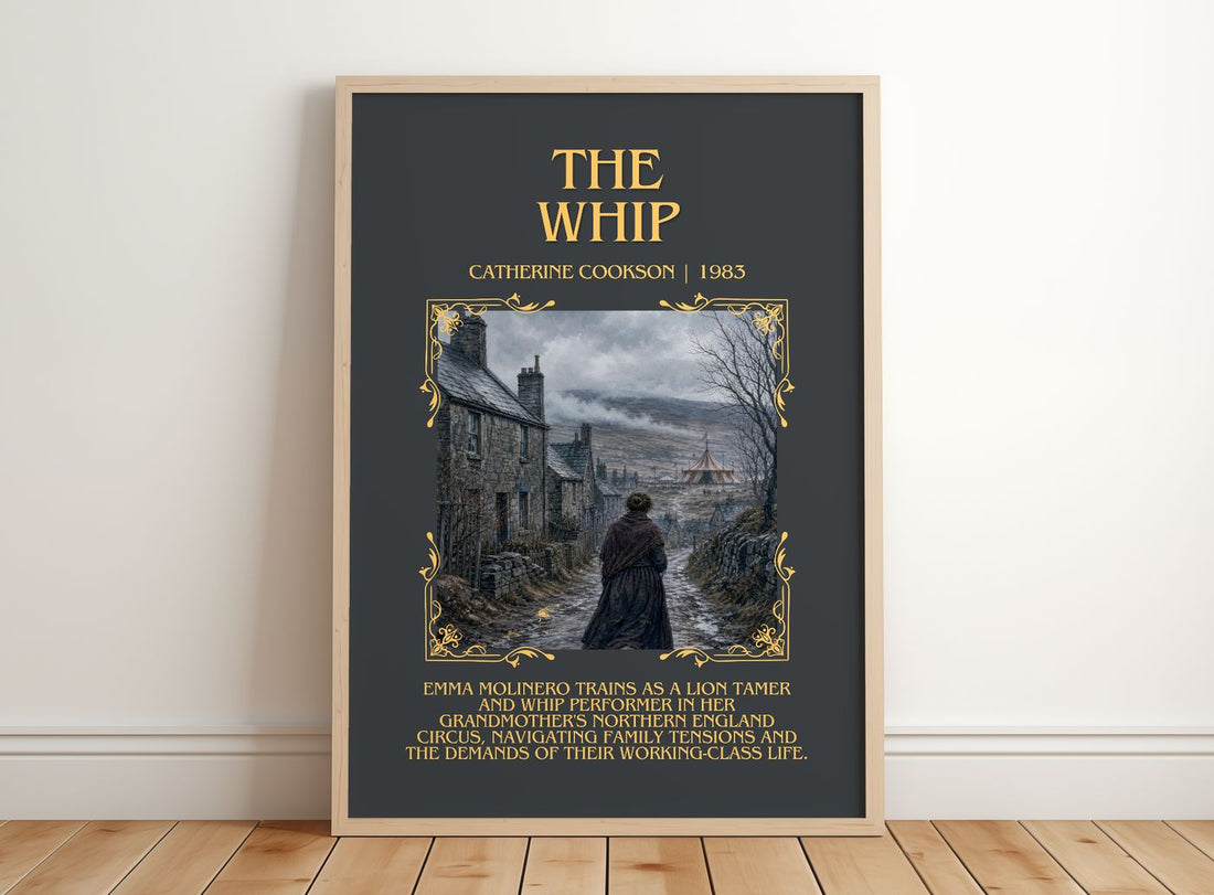 The Whip Minimalist Book Poster by Catherine Cookson – framed print leaning on a wooden floor