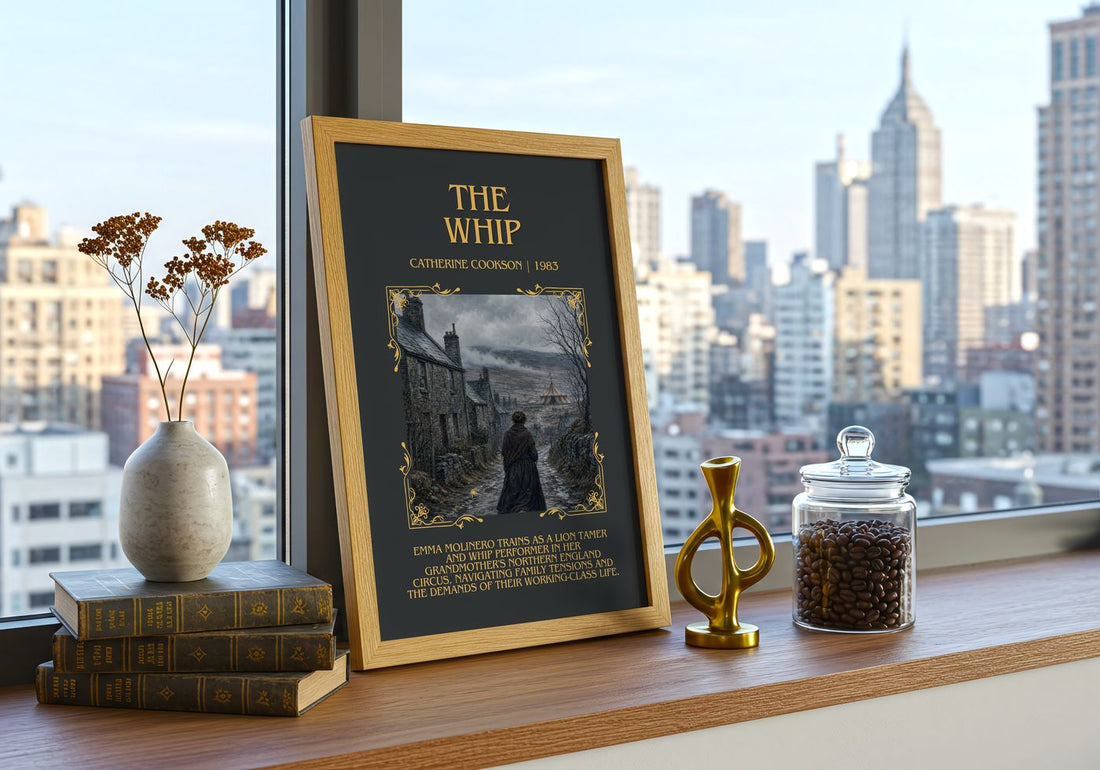 The Whip Minimalist Book Poster by Catherine Cookson – framed print on a city-view windowsill