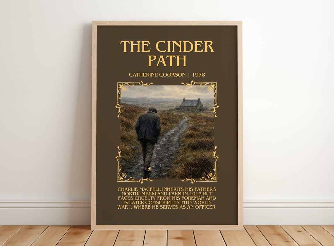 The Cinder Path Minimalist Book Poster by Catherine Cookson – framed print leaning on a wooden floor