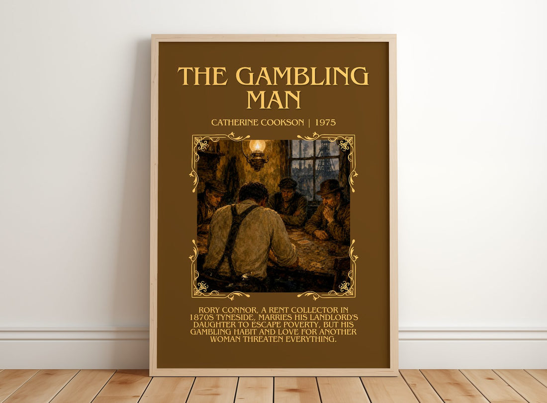 The Gambling Man Minimalist Book Poster by Catherine Cookson – framed print leaning on a wooden floor