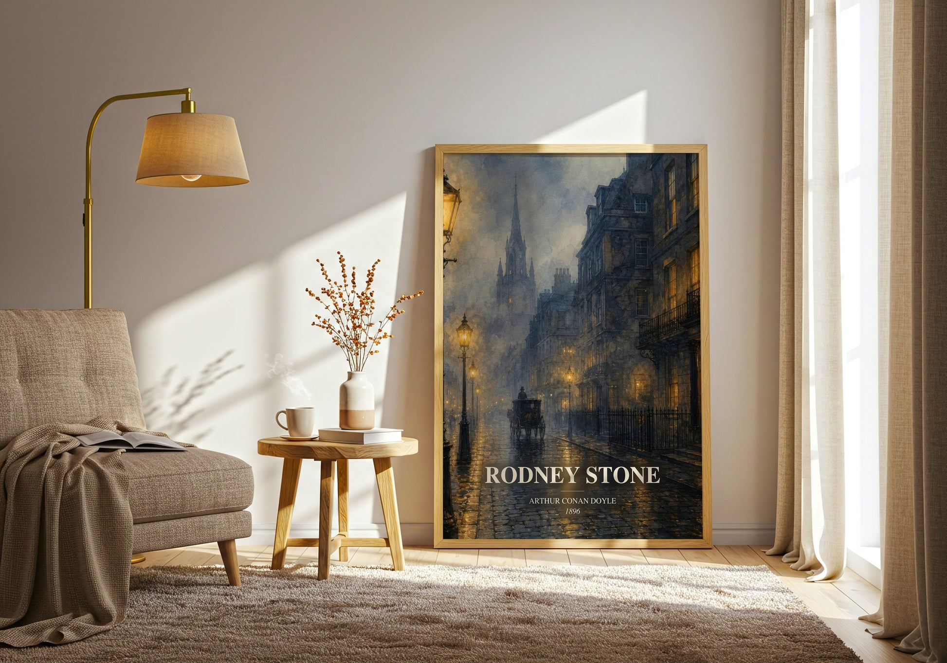Rodney Stone watercolour print in frame leaning in hallway – historical fiction wall art