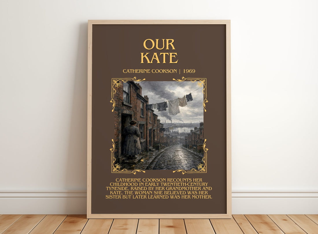 Our Kate Minimalist Book Poster by Catherine Cookson – framed print leaning on a wooden floor