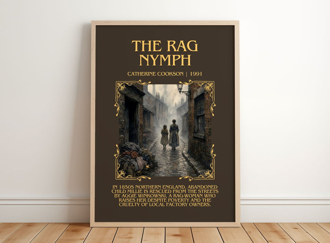 The Rag Nymph Minimalist Book Poster by Catherine Cookson – framed print leaning on a wooden floor