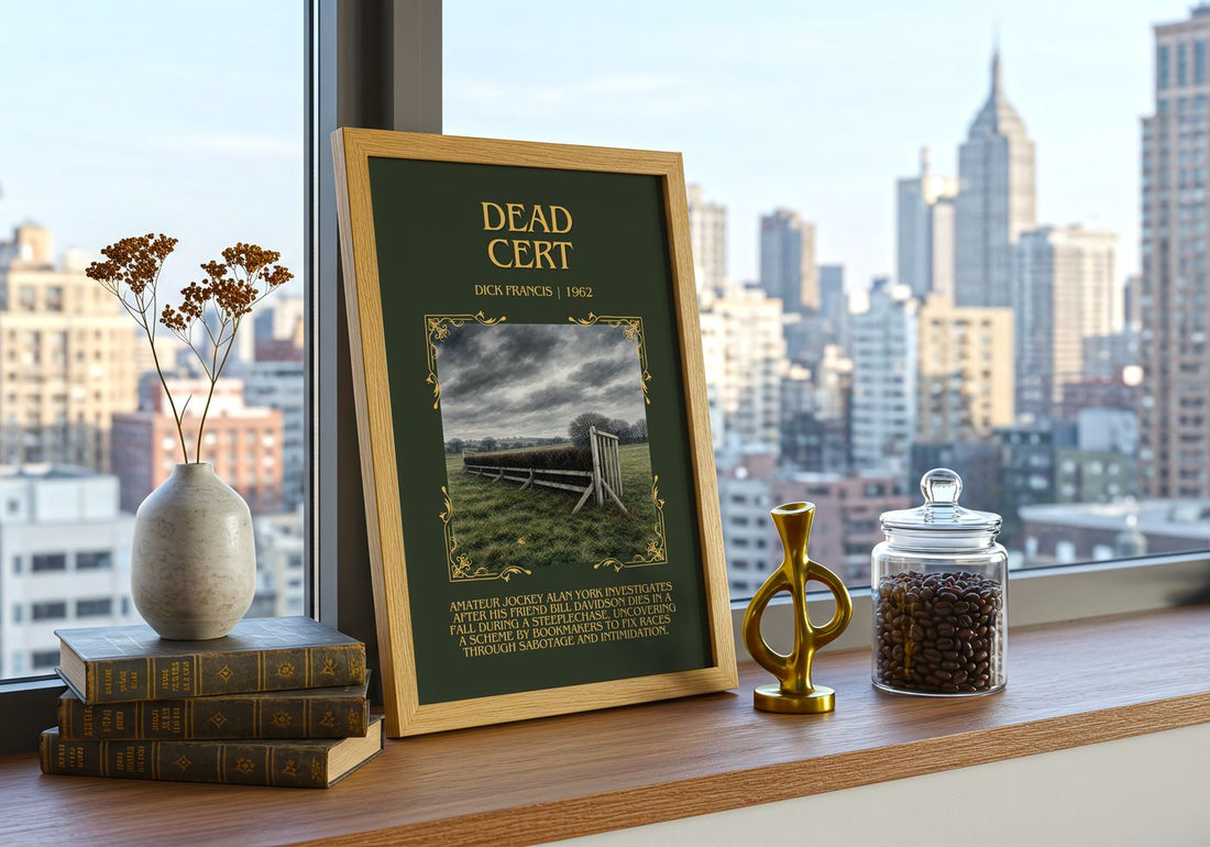 Dead Cert Minimalist Book Poster by Dick Francis – framed print on a city-view windowsill
