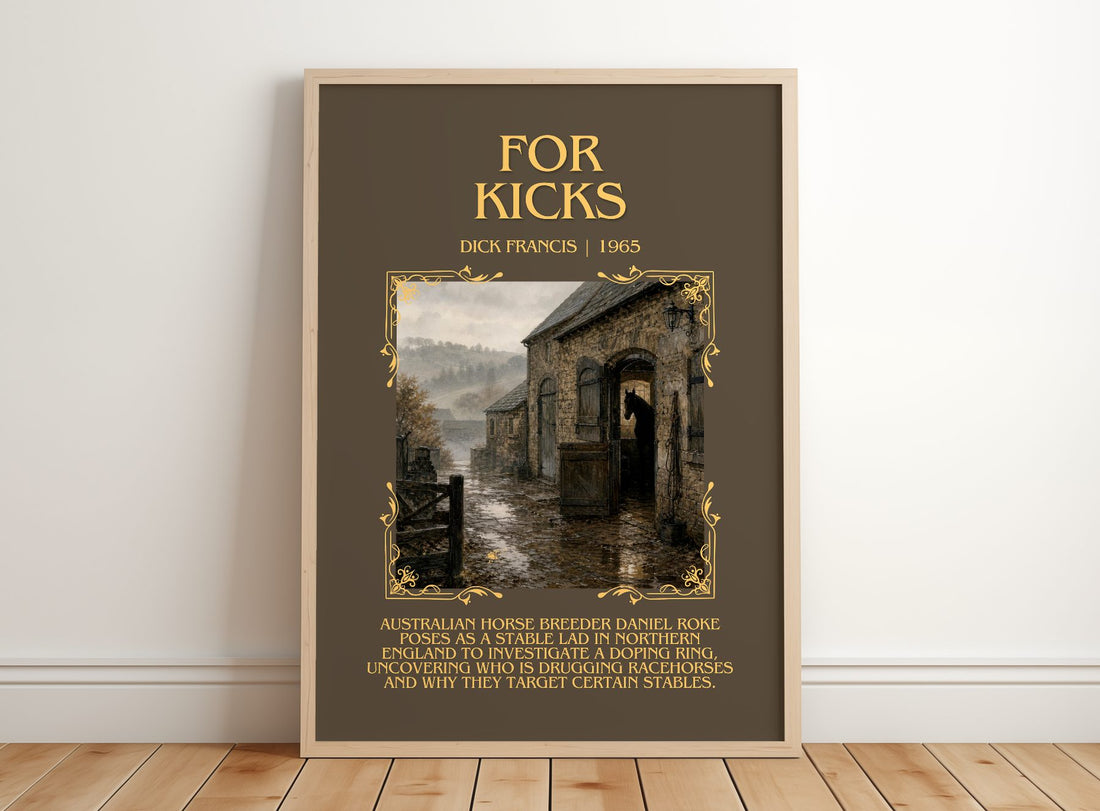 For Kicks Minimalist Book Poster by Dick Francis – framed print leaning on a wooden floor
