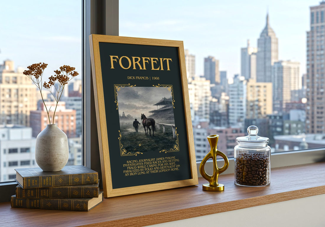 Forfeit Minimalist Book Poster by Dick Francis – framed print on a city-view windowsill