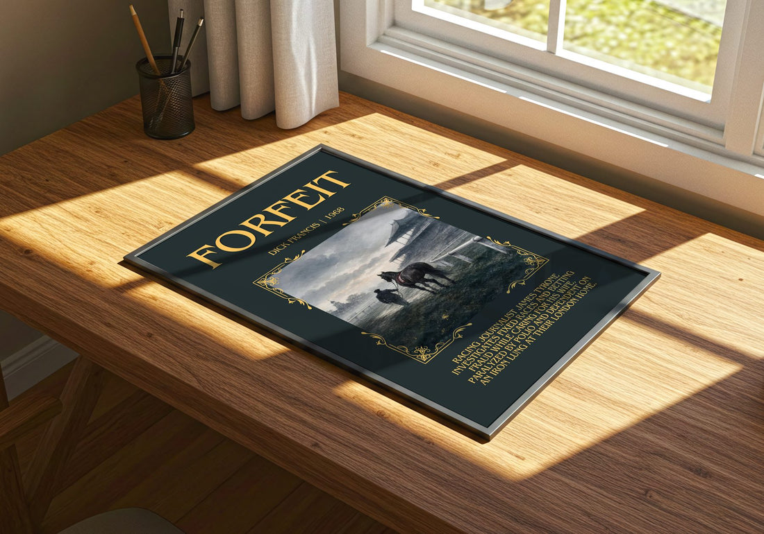 Forfeit Minimalist Book Poster by Dick Francis – print on a sunlit desk
