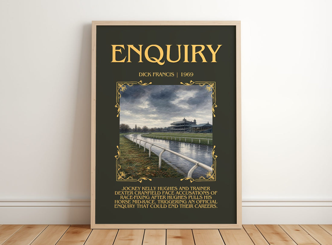 Enquiry Minimalist Book Poster by Dick Francis – framed print leaning on a wooden floor