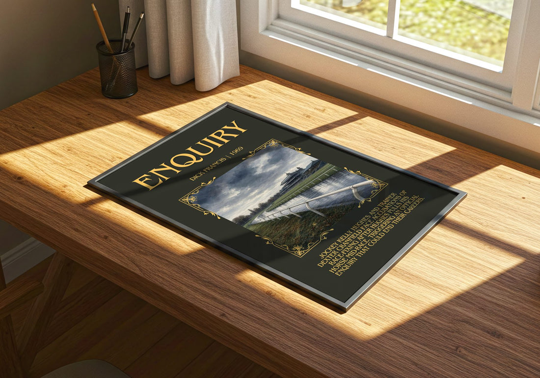 Enquiry Minimalist Book Poster by Dick Francis – print on a sunlit desk