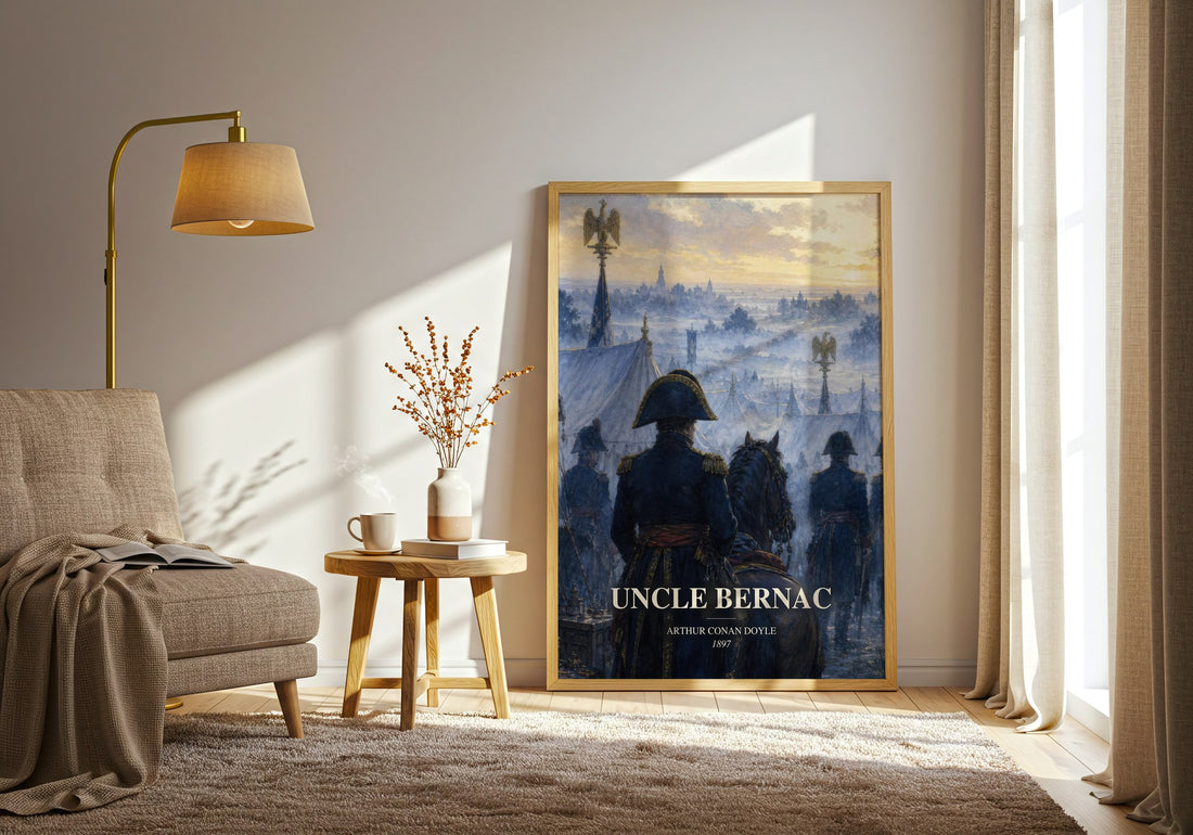 Uncle Bernac watercolour print in frame leaning in hallway – historical fiction wall art (mockup)