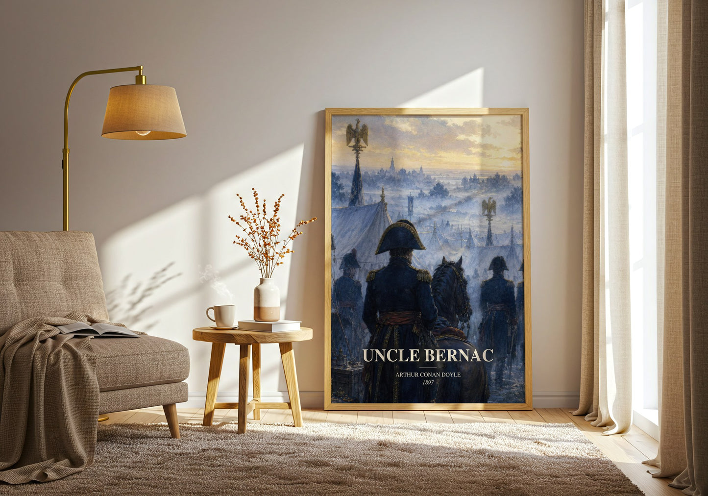 Uncle Bernac watercolour print in frame leaning in hallway – historical fiction wall art