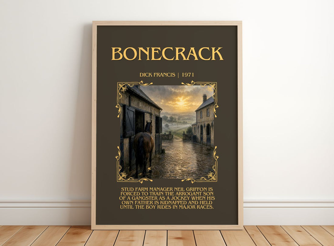Bonecrack Minimalist Book Poster by Dick Francis – framed print leaning on a wooden floor