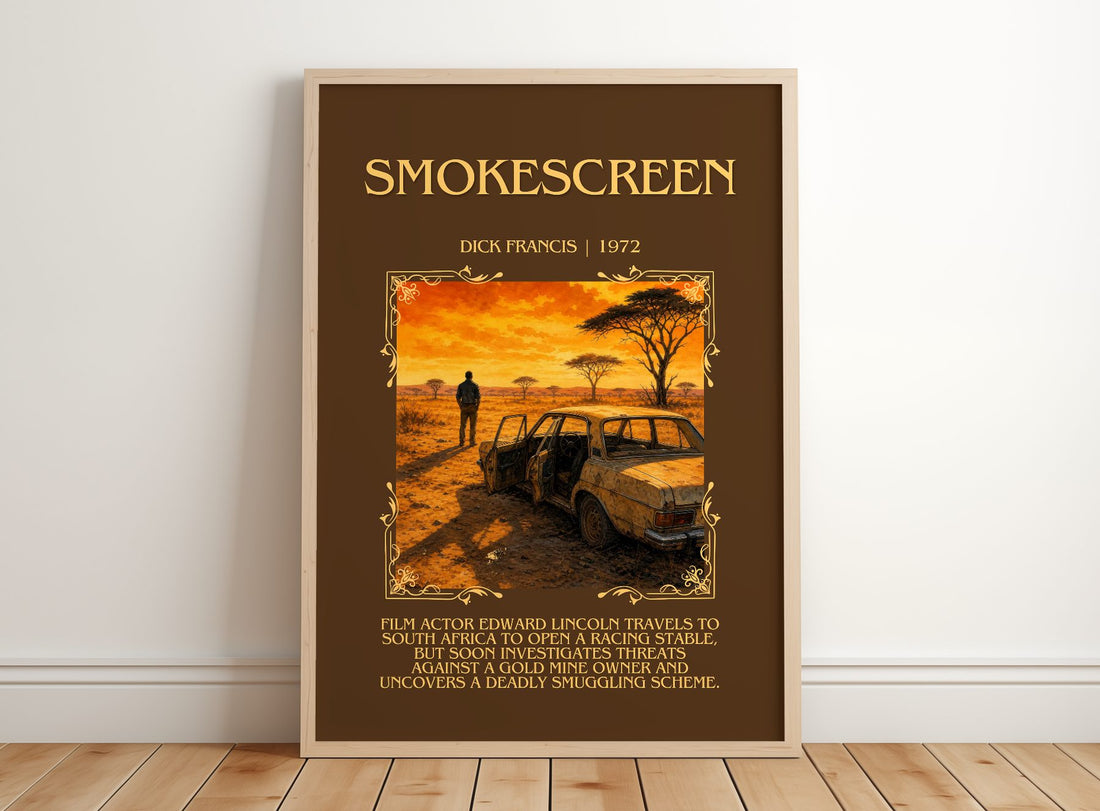 Smokescreen Minimalist Book Poster by Dick Francis – framed print leaning on a wooden floor