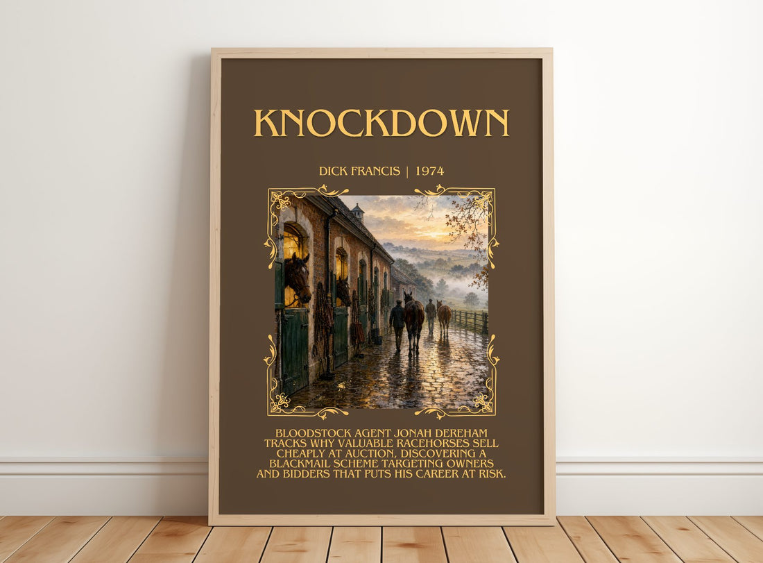 Knockdown Minimalist Book Poster by Dick Francis – framed print leaning on a wooden floor