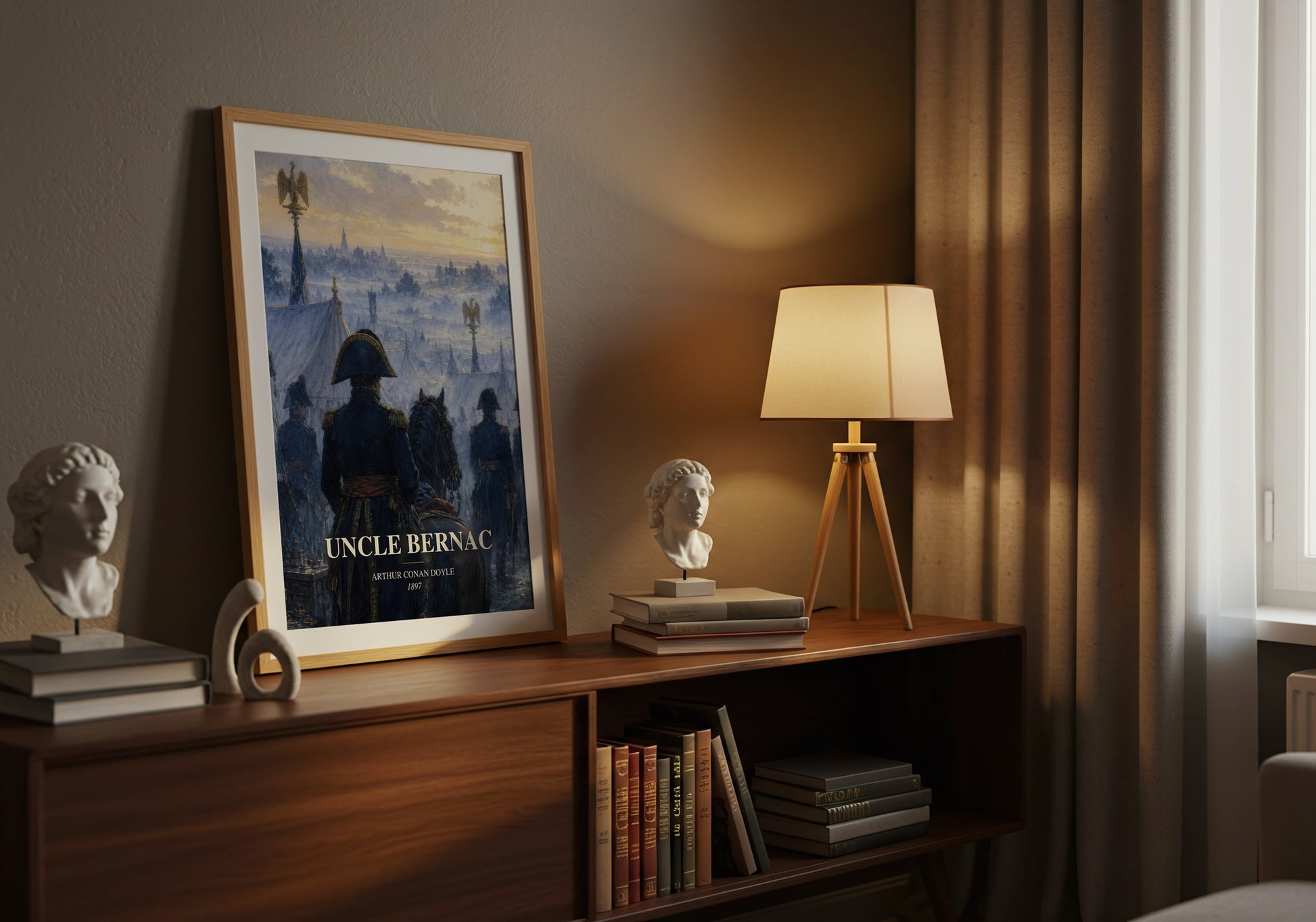 Uncle Bernac watercolour print on bookshelf – Arthur Conan Doyle fan gift