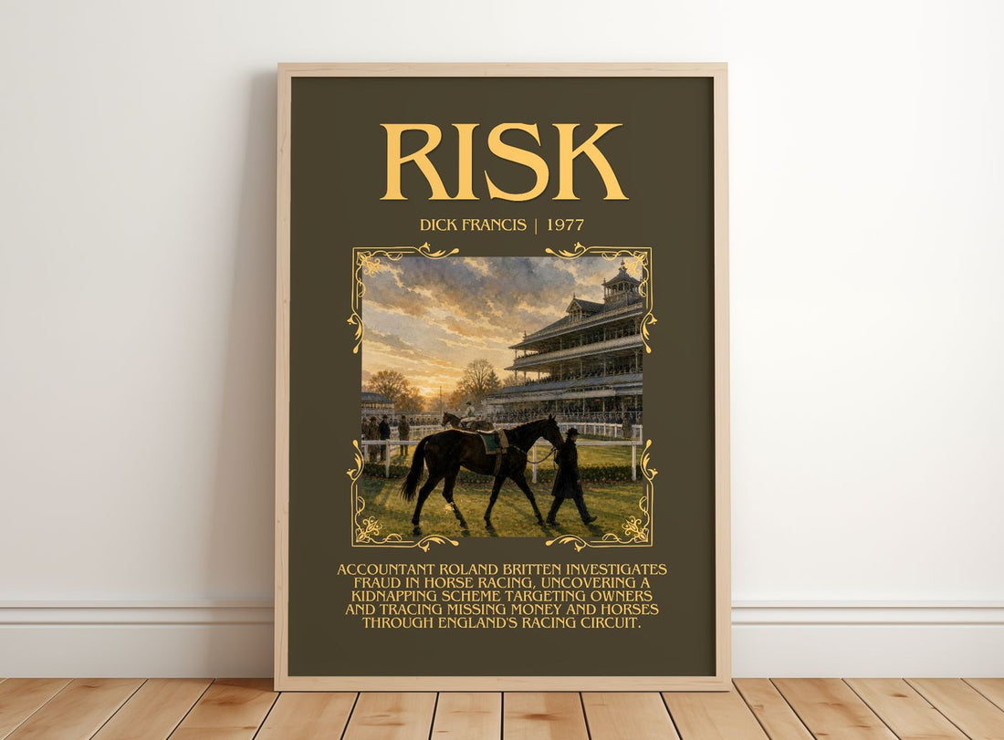 Risk Minimalist Book Poster by Dick Francis – framed print leaning on a wooden floor
