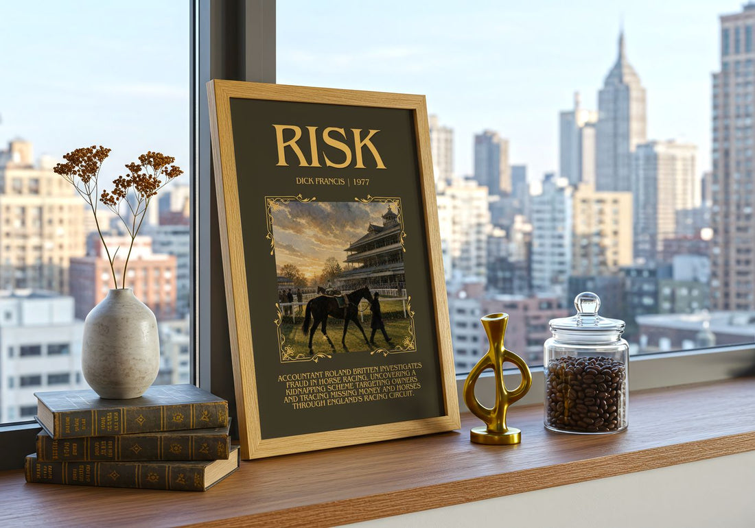Risk Minimalist Book Poster by Dick Francis – framed print on a city-view windowsill