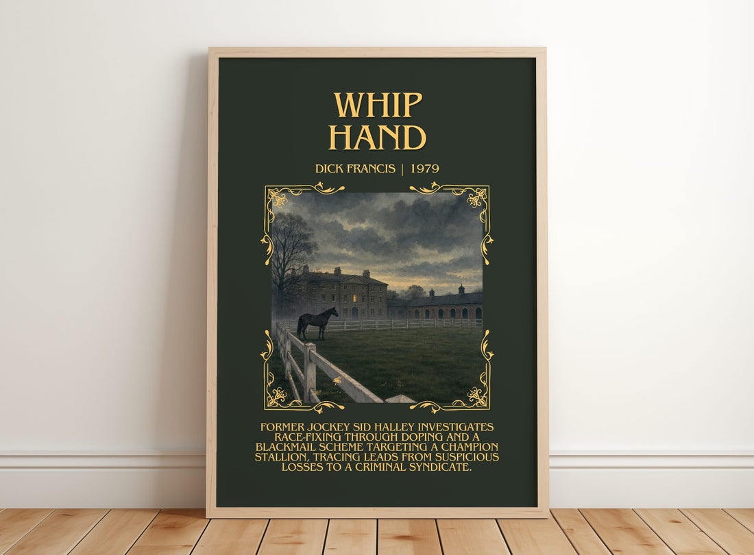 Whip Hand Minimalist Book Poster by Dick Francis – framed print leaning on a wooden floor