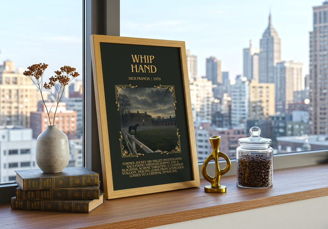 Whip Hand Minimalist Book Poster by Dick Francis – framed print on a city-view windowsill