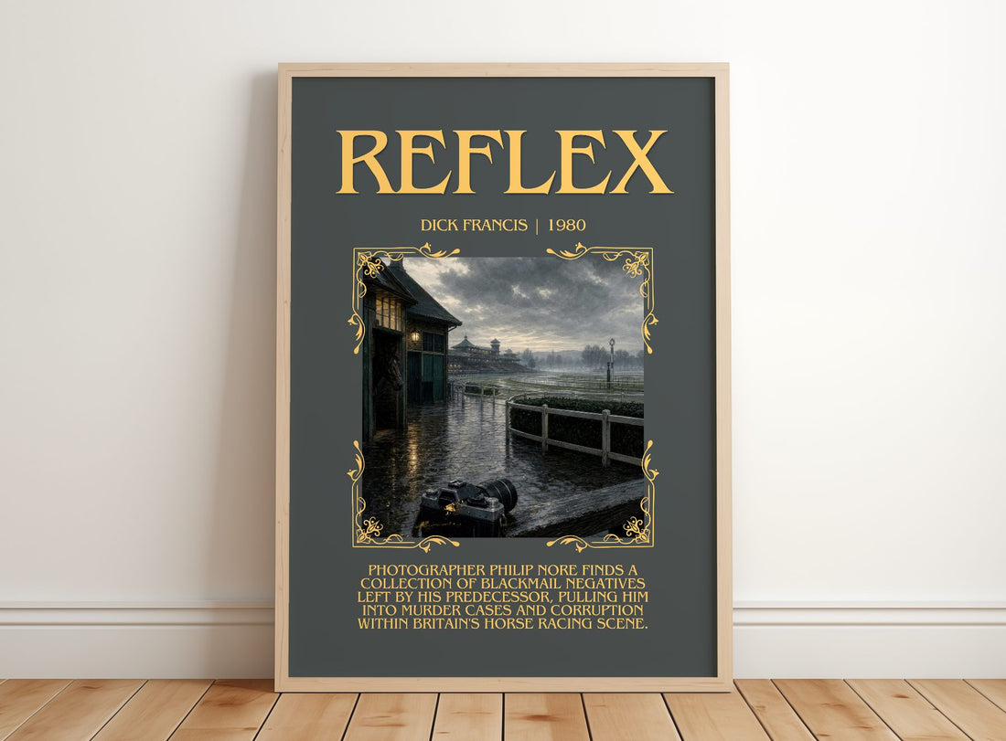 Reflex Minimalist Book Poster by Dick Francis – framed print leaning on a wooden floor