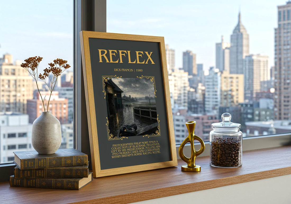 Reflex Minimalist Book Poster by Dick Francis – framed print on a city-view windowsill