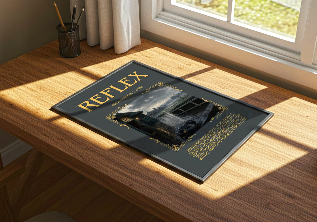 Reflex Minimalist Book Poster by Dick Francis – print on a sunlit desk