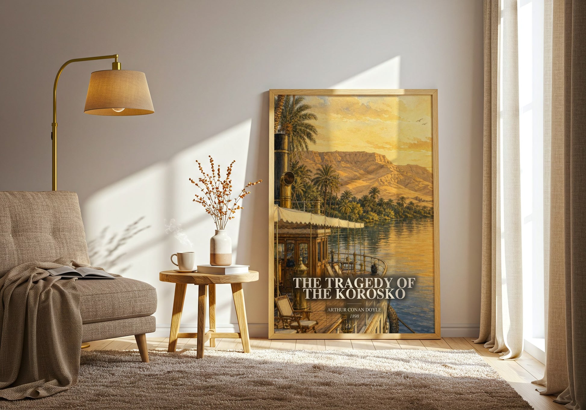 The Tragedy Of The Korosko watercolour print in frame leaning in hallway – adventure wall art
