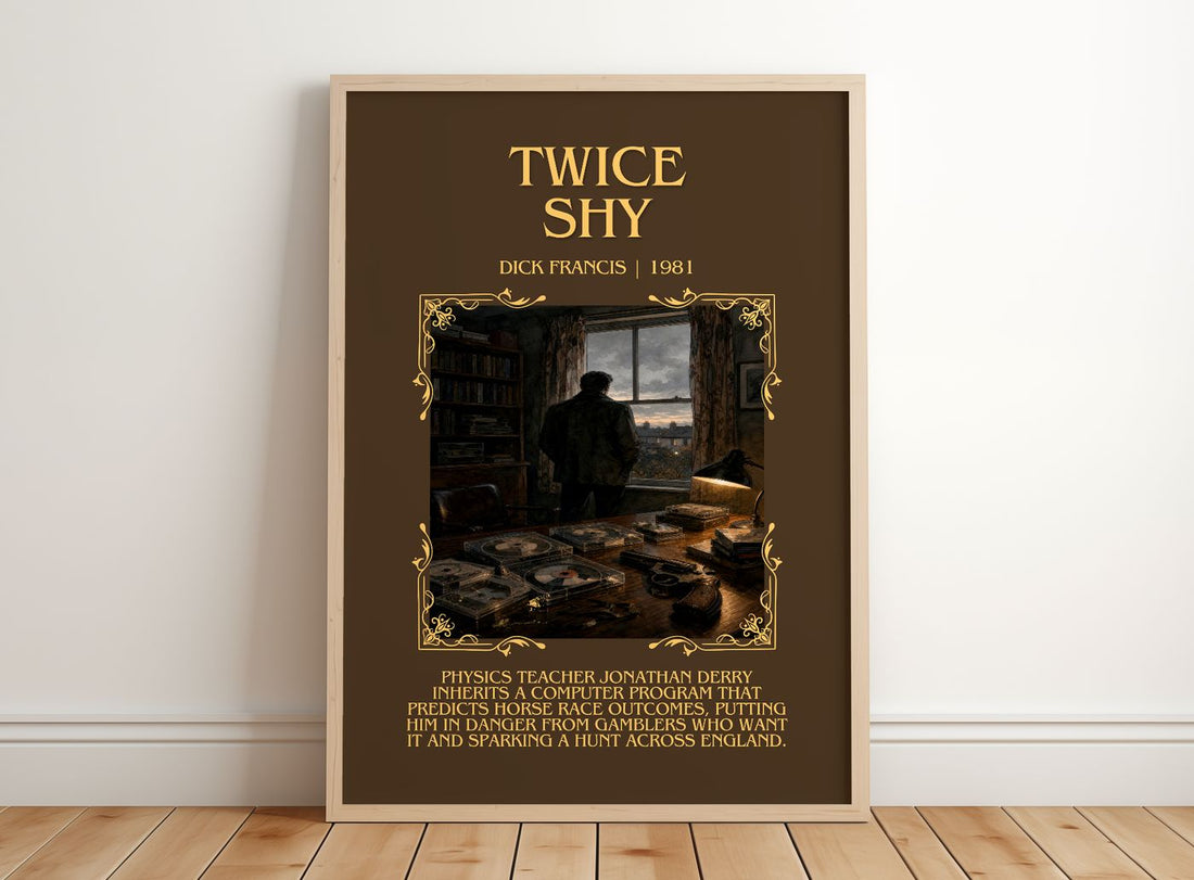 Twice Shy Minimalist Book Poster by Dick Francis – framed print leaning on a wooden floor