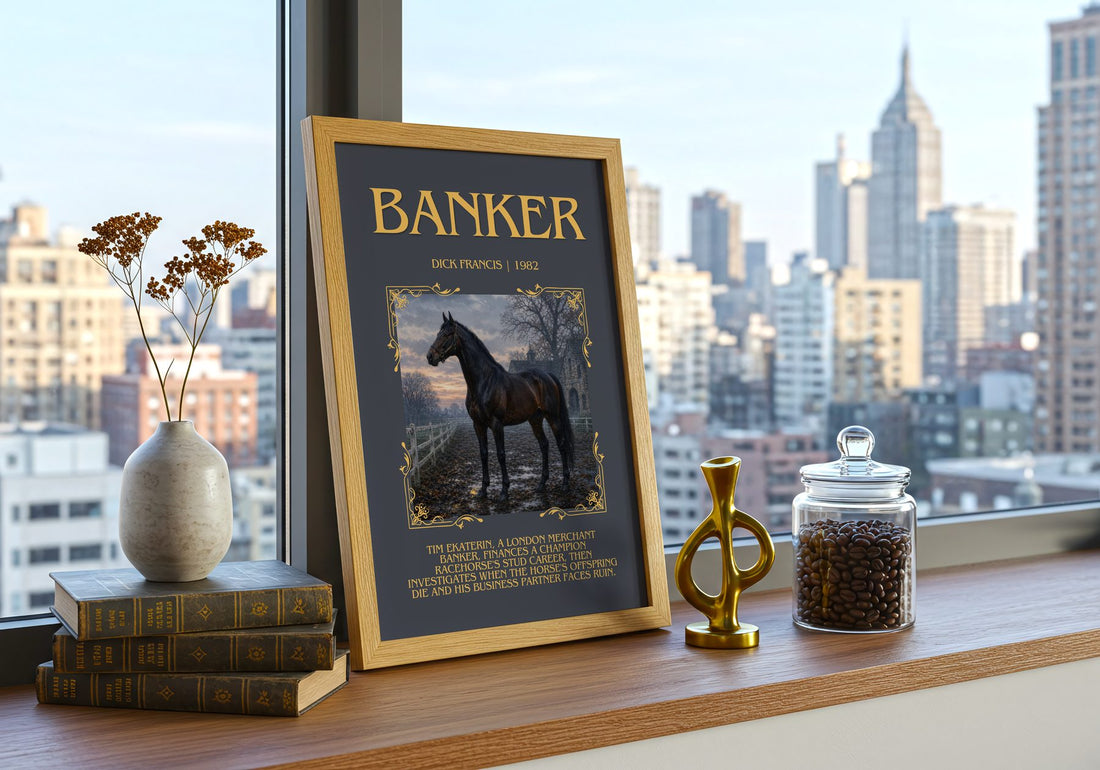 Banker Minimalist Book Poster by Dick Francis – framed print on a city-view windowsill