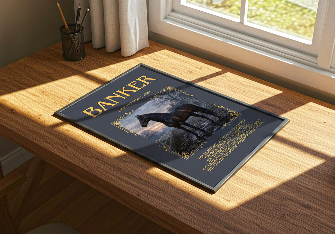 Banker Minimalist Book Poster by Dick Francis – print on a sunlit desk