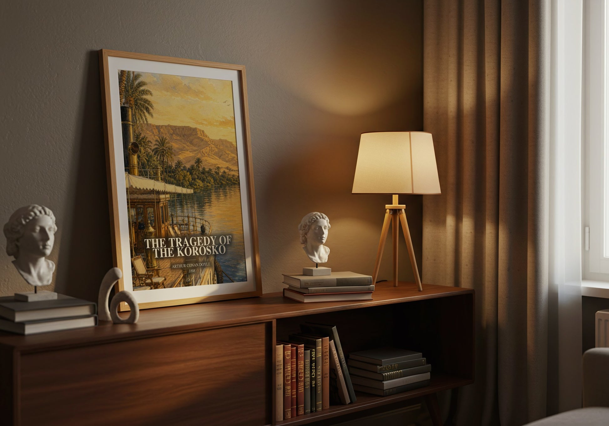 The Tragedy Of The Korosko watercolour print on bookshelf – Arthur Conan Doyle fan gift
