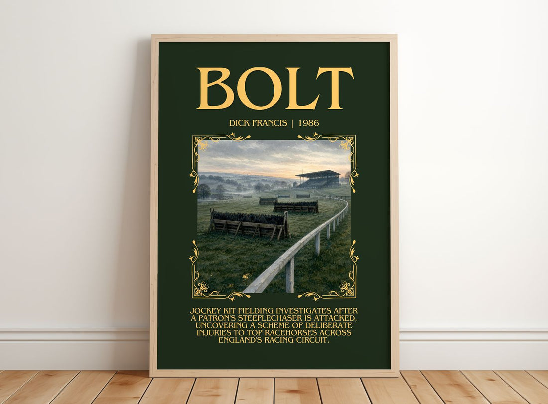 Bolt Minimalist Book Poster by Dick Francis – framed print leaning on a wooden floor