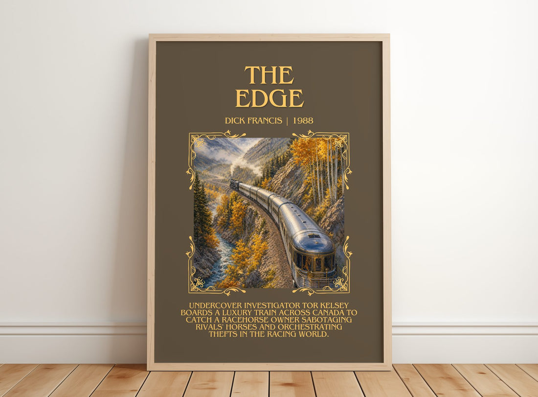The Edge Minimalist Book Poster by Dick Francis – framed print leaning on a wooden floor